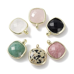Mixed Stone Gemstone Pendants, Faceted Square Charms, with Golden Plated Brass Edge Loops, 16.5x13x6mm, Hole: 2.2mm