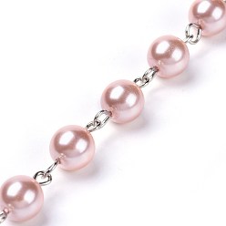 Pink Handmade Dyed Glass Pearl Beaded Chains, Unwelded, with Iron Eye Pin, Platinum, Pink, 39.37 inch, 1m/strand