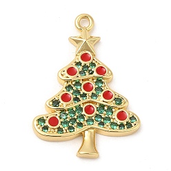 Sea Green Rack Plating Brass Pave Cubic Zirconia Pendants, Real 18K Gold Plated, Long-Lasting Plated, Cadmium Free & Lead Free, Christmas Tree, Sea Green, 23x16x2.3mm, Hole: 1.2mm