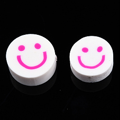 Magenta Handmade Polymer Clay Beads, Flat Round with Smiling Face, Magenta, 9~10x4mm, Hole: 1.2~1.6mm