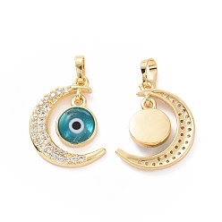 Cyan Brass Micro Pave Cubic Zirconia Pendants, with Handmade Evil Eye Lampwork, Crescent Moon Charm, Real 18K Gold Plated, Cyan, 23x16x4mm, Hole: 4x6mm
