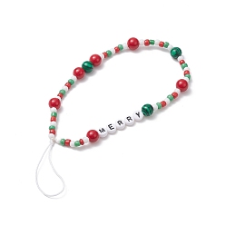 Colorful Christmas Glass Beaded Mobile Straps, with Natural Dyed Mashan Jade & Synthetic Malachite Beads, Nylon Thread Mobile Accessories Decoration, Word Merry, Colorful, 19cm