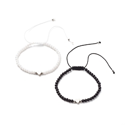 Black 2Pcs 2 Colors Acrylic & Brass Heart Braided Bead Bracelets Set, Nylon Cord Adjustable Bracelets for Women, Black and White, Inner Diameter: 2~3-3/4 inch(5~9.5cm), 1Pc/color