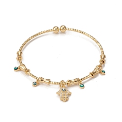 Real 18K Gold Plated Rack Plating Brass Micro Pave Cubic Zirconia Hamsa Hand Bangles, Enamel Evil Eye Charm Bangles for Women, Long-Lasting Plated, Cadmium Free & Lead Free, Real 18K Gold Plated, Inner Diameter: 2-1/4 inch(5.85cm)