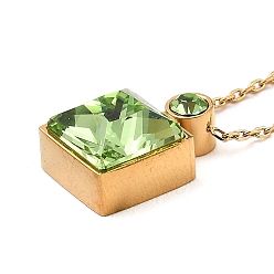 Yellow Green Glass Square Pendant Necklace, Real 18K Gold Plated 304 Stainless Steel Necklace, Yellow Green, 18.43 inch(46.8cm)