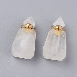 Quartz Crystal Faceted Natural Quartz Crystal Openable Perfume Bottle Pendants, with 304 Stainless Steel Findings, Trapezoid, Golden, 37~38x18x12~13mm, Hole: 1.8mm, Bottle Capacity: 1ml(0.034 fl. oz)