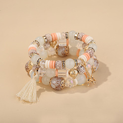 B0252-Beige Fashionable Tassel Eiffel Tower Pendant Bracelet Set - Stunning Jewelry Combination