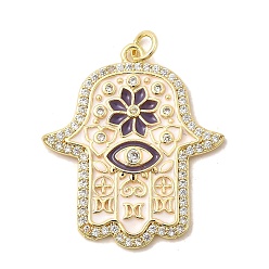Белый Латунные микро проложить кубического циркония подвески, Религия Хамса обереги для рук, с эмалью, без свинца и без кадмия, долговечный, стойки покрытие, реальный 18 k позолоченный, с целью перехода в кольце, белые, 31.5x27x2.5 мм, отверстие : 3.4 мм
