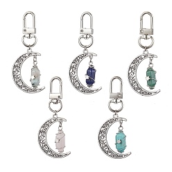 Antique Silver Natural & Synthetic Gemstone Pendant Decorations, Tibetan Style Alloy Moon and Swivel Clasps, Antique Silver, 74mm