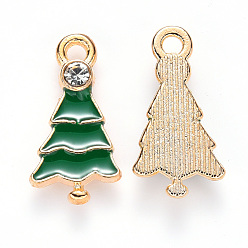 Green Alloy Enamel Pendants, with Crystal Rhinestone, for Christmas, Christmas Tree, Light Gold, Green, 21x11x3mm, Hole: 1.8mm