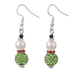 Green Christmas Handmade Polymer Clay Rhinestone Dangle Earrings, Snowman, with ABS Plastic Imitation Pearl Round Beads, 304 Stainless Steel Earrings for Women, Green, 47x10mm