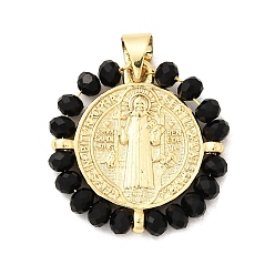 Черный Латунь стекло кулоны, плоский круглый с амулетом в виде святого и креста, долговечный, без кадмия и без свинца, реальный 18 k позолоченный, граненые, чёрные, 21x20.5~21x3 мм, отверстие : 5x3.5 мм