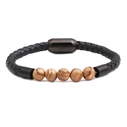 Camphorwood beads Stainless Steel Magnetic Clasp Leather Bracelet - European and American Men's Emperor Stone Bead Bracelet