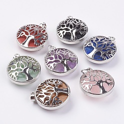 Mixed Stone Natural & Synthetic Mixed Stone Pendants, with Platinum Tone Brass Findings, Flat Round with Tree of Life, 31.5x28x11.5mm, Hole: 5x7mm