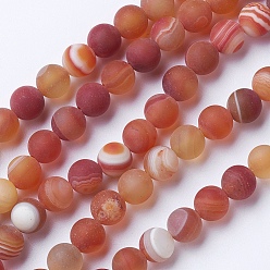Dark Salmon Natural Grade A Striped Agate/Banded Agate Beads Strands, Dyed & Heated, Frosted, Round, Dark Salmon, 10mm, Hole: 1.2mm, about 47pcs/strand, 14.9 inch(38cm)