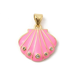 Pink Латунные микро проложить кубического циркония подвески, реальный 18 k позолоченный, долговечный, стойки покрытие, без свинца и без кадмия, подвески в форме ракушек, с эмалью, розовые, 17x17x4 мм, отверстие : 3x5 мм
