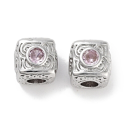 Pink Латунные микро проложить кубического циркония бусы, платина, кубические, розовые, 7.5x7.5x7.5 мм, отверстие : 3 мм