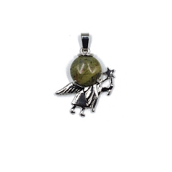 Unakite Natural Unakite Pendants, Antique Silver Plated Alloy Angel Charms, 36x28mm
