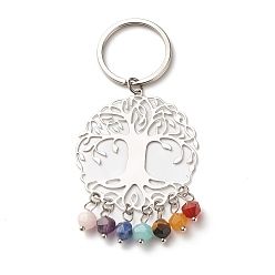Stainless Steel Color 201 Stainless Steel Filigree Pendants Keychains, with 7 Color Faceted Gemstone Beads, 304 Stainless Steel Split Key Rings & Open Jump Rings, Tree of Life, Stainless Steel Color, 5cm