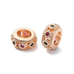 Розовое Золото Покрытие стойки латунь микропаве прозрачные кубические циркониевые бусины, долговечный, без свинца и без кадмия, плоско-круглые, розовое золото , 7.5x4 мм, отверстие : 4 мм
