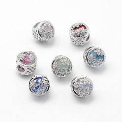 Mixed Color Brass European Beads, Large Hole Beads, Cadmium Free & Nickel Free & Lead Free, with Imitation Crystal Glass, Real Platinum Plated, Column with Flower, Mixed Color, 13x11.5mm, Hole: 4.5mm