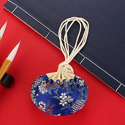 Blue Flower Embroidery Silk & Satin Drawstring Sachet Bags with Tassel, for Jewelry, Blue, 10x8.5cm