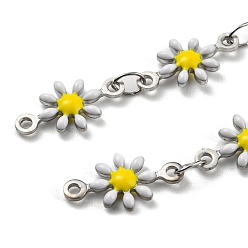 White 304 Stainless Steel Flower Link Chain, with Enamel, with Spool, Unwelded, White, 12.5~13x7~8x2mm, 5m/roll
