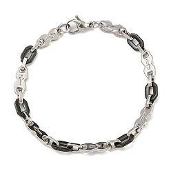 Black Two Tone 304 Stainless Steel Oval & Cross Link Chain Bracelet, Black, 9 inch(22.9cm), Wide: 7mm