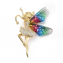 Colorful Resin Fairy Lapel Pin with Clear Cubic Zirconia, Real 18K Gold Plated Brass Badge with Loop for Jewelry Pendant, Cadmium Free & Lead Free, Colorful, 38x53x6.5mm