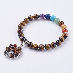 Tiger Eye Gemstone Stretch Bracelets, with Tibetan Style Pendants, Tree of Life, 2 inch(52mm)