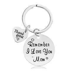 Stainless Steel Color Flat Round with Phrase Stainless Steel Pendant Keychain, Mother's Day Gift Keychain, Stainless Steel Color, 1cm