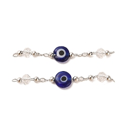 Marine Blue Handmade Evil Eye Lampwork with Glass Handmade Beaded Links Connectors, with Rack Plating Real Platinum Plated Brass Findings, Marine Blue, 36mm, Hole: 1mm