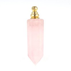 Rose Quartz Natural Rose Quartz Openable Perfume Bottle Pendants, Faceted Pointed Bullet Perfume Bottle Charms with Golden Plated Metal Cap, 44x12mm