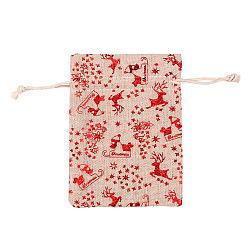 Deer Christmas Theme Linenette Drawstring Bags, Rectangle, Christmas Themed Pattern, 14x10cm
