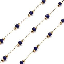 Midnight Blue Rondelle Glass Beaded Link Chains, with Golden 304 Stainless Steel Paperclip Chains, Soldered, with Spool, Midnight Blue, 3x2.5mm, 2mm, about 32.81 Feet(10m)/Roll