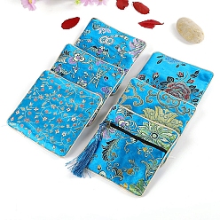 Deep Sky Blue Square Chinese Style Brocade Zipper Bags with Tassel, for Bracelet, Necklace, Random Pattern, Deep Sky Blue, 11.5x11.5cm