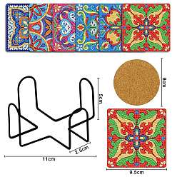 Flower DIY Cup Mats Diamond Painting Kits, Including Cork Pads, Iron Coaster Holder, Resin Rhinestones, Diamond Sticky Pen, Tray Plate and Glue Clay, Flower Pattern, 95x95mm