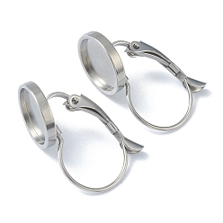 Stainless Steel Color 304 Stainless Steel Leverback Earring Findings, with Flat Round Trays Setting for Cabochon, Stainless Steel Color, Tray: 10mm, 21~24x12x11mm, Pin: 0.8mm