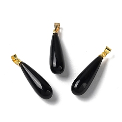 Obsidienne Pendentifs en forme de larme d'obsidienne naturelle, avec placage ionique (ip) en laiton plaqué or, 26.5x7.5mm, Trou: 4.3x3.5mm