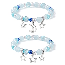 Light Sky Blue 2Pcs 2 Style ABS Plastic Imitation Pearl & Acrylic Beaded Stretch Bracelets Set, Moon & Star Alloy Charms Stackable Bracelets, Light Sky Blue, Inner Diameter: 2-1/8 inch(5.5cm), 1Pc/style