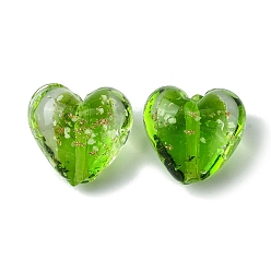 Lime Green Luminous Handmade Gold Sand Lampwork Beads, Glow in the Dark, Heart, Lime Green, 20.5x20x12mm, Hole: 1.8mm