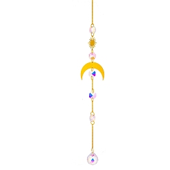 Moon Glass Pendant Decorations, Hanging Suncatchers, with Brass Findings, for Home Decoration, Moon Pattern, 430mm