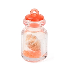 Orange Transparent Resin & Natural Shell Pendants, Wishing Bottle with Conch Charms, Orange, 29x15mm, Hole: 1.8mm