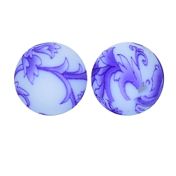 Medium Orchid Round with Flower Print Pattern Food Grade Silicone Beads, Silicone Teething Beads, Medium Orchid, 15mm