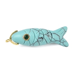 Synthetic Turquoise Synthetic Turquoise Carved Pendants, Fish Charms with Brass Micro Pave Cubic Zirconia Findings, Golden, 45.5x12.5x12mm, Hole: 1.6mm