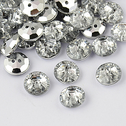 White 2-Hole Taiwan Acrylic Rhinestone Flat Round Buttons, Faceted & Silver Plated Pointed Back, White, 10x4mm, Hole: 1mm