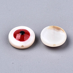 Red Natural Freshwater Shell Beads, with Enamel, Flat Round with Evil Eye, Red, 9x3.5mm, Hole: 0.8mm