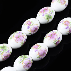 Plum Handmade Porcelain Ceramic Beads Strands, Flower Printed, Oval, Plum, 17x13mm, Hole: 2.5mm, about 18pcs/strand, 12 inches(30.5cm)