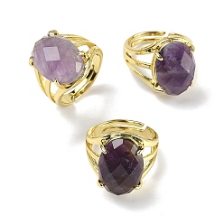 Аметист Латунные манжеты с открытыми кольцами, с естественным аметист, овальные, граненые, стойки покрытие, долговечный, золотые, 18 мм