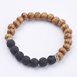 Lava Rock Natural Lava Rock Stretch Bracelets, with Wood Beads and Alloy Beads, Burlap Bags, 2-1/8 inch(54mm)